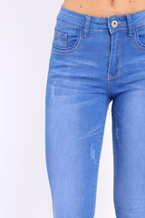 Blue Distressed Detail Raw Hem Skinny Jeans - Celeste-Jeans