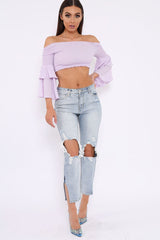 Blue Distressed Knee Cut Out Hem Mum Jeans - Gabryela-Jeans