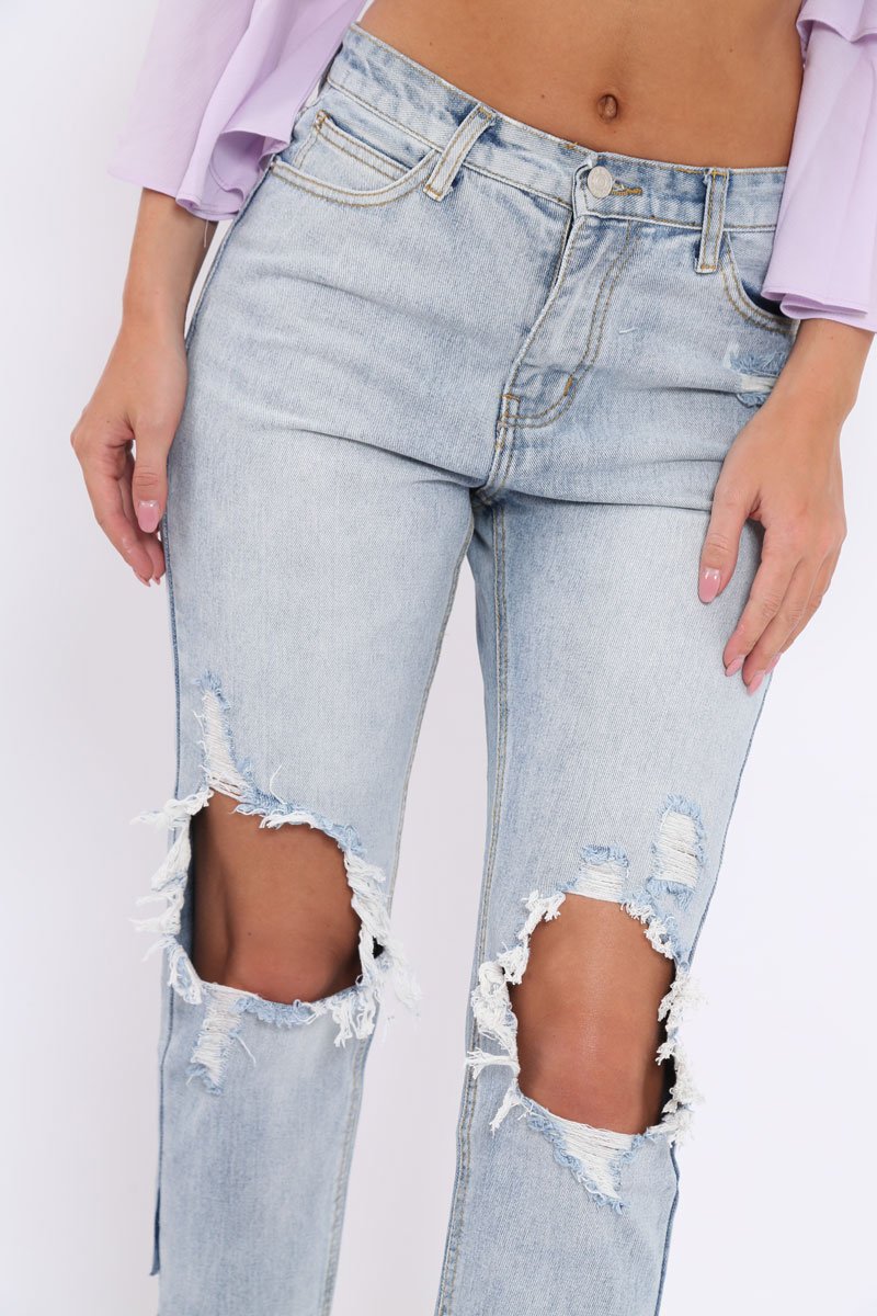 Blue Distressed Knee Cut Out Hem Mum Jeans - Gabryela-Jeans