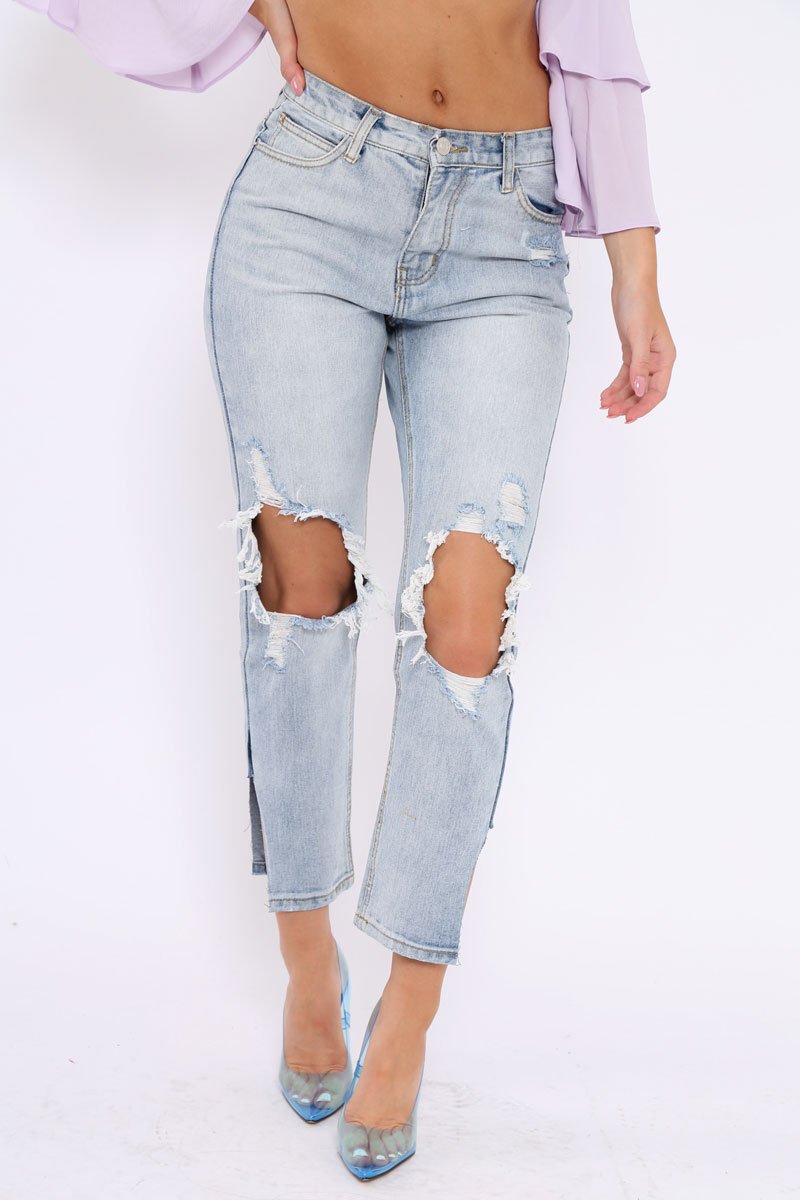 Blue Distressed Knee Cut Out Hem Mum Jeans - Gabryela-Jeans