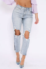 Blue Distressed Knee Cut Out Hem Mum Jeans - Gabryela-Jeans