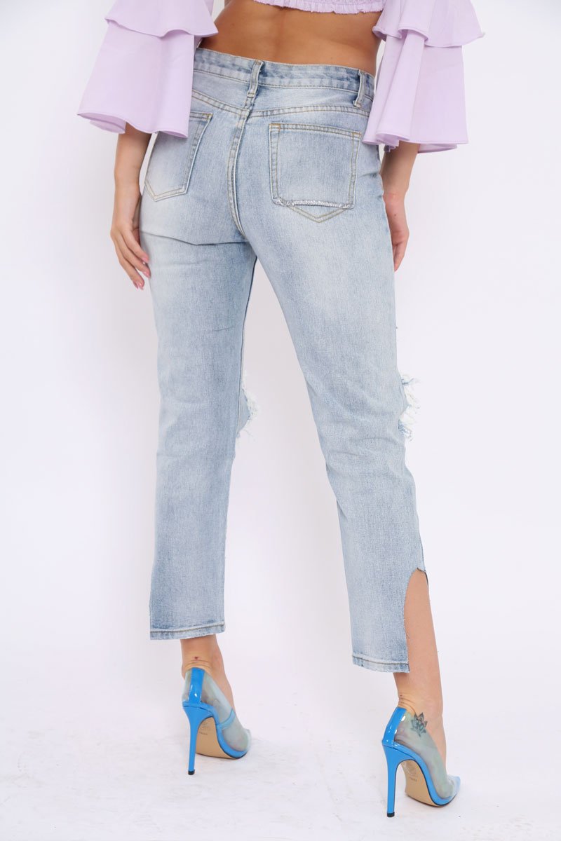 Blue Distressed Knee Cut Out Hem Mum Jeans - Gabryela-Jeans