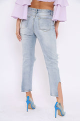 Blue Distressed Knee Cut Out Hem Mum Jeans - Gabryela-Jeans