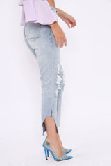 Blue Distressed Knee Cut Out Hem Mum Jeans - Gabryela-Jeans