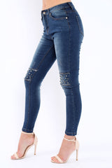 Blue Embellished Knees Denim Jeans - Kadi-Jeans