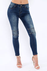 Blue Embellished Knees Denim Jeans - Kadi-Jeans