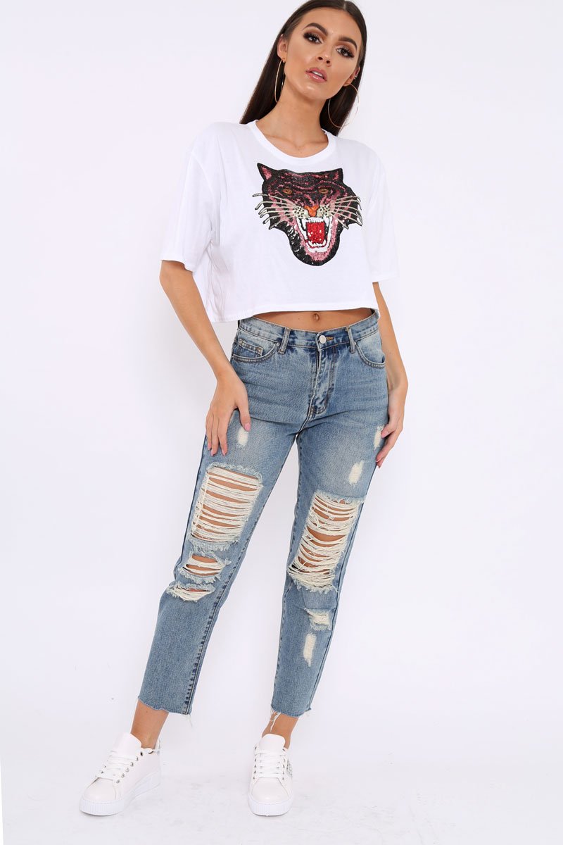 Blue Extreme Distressed Frey Hem Jeans - Terri-Jeans
