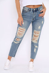 Blue Extreme Distressed Frey Hem Jeans - Terri-Jeans