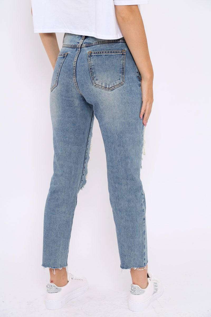 Blue Extreme Distressed Frey Hem Jeans - Terri-Jeans