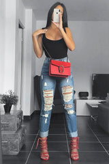 Blue Extreme Distressed Frey Hem Jeans - Terri-Jeans