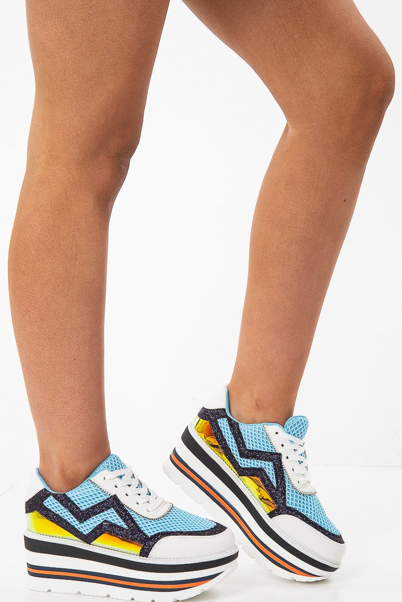 Blue Extreme Platform Glitter Lace Up Trainers - Myleigh-Trainers