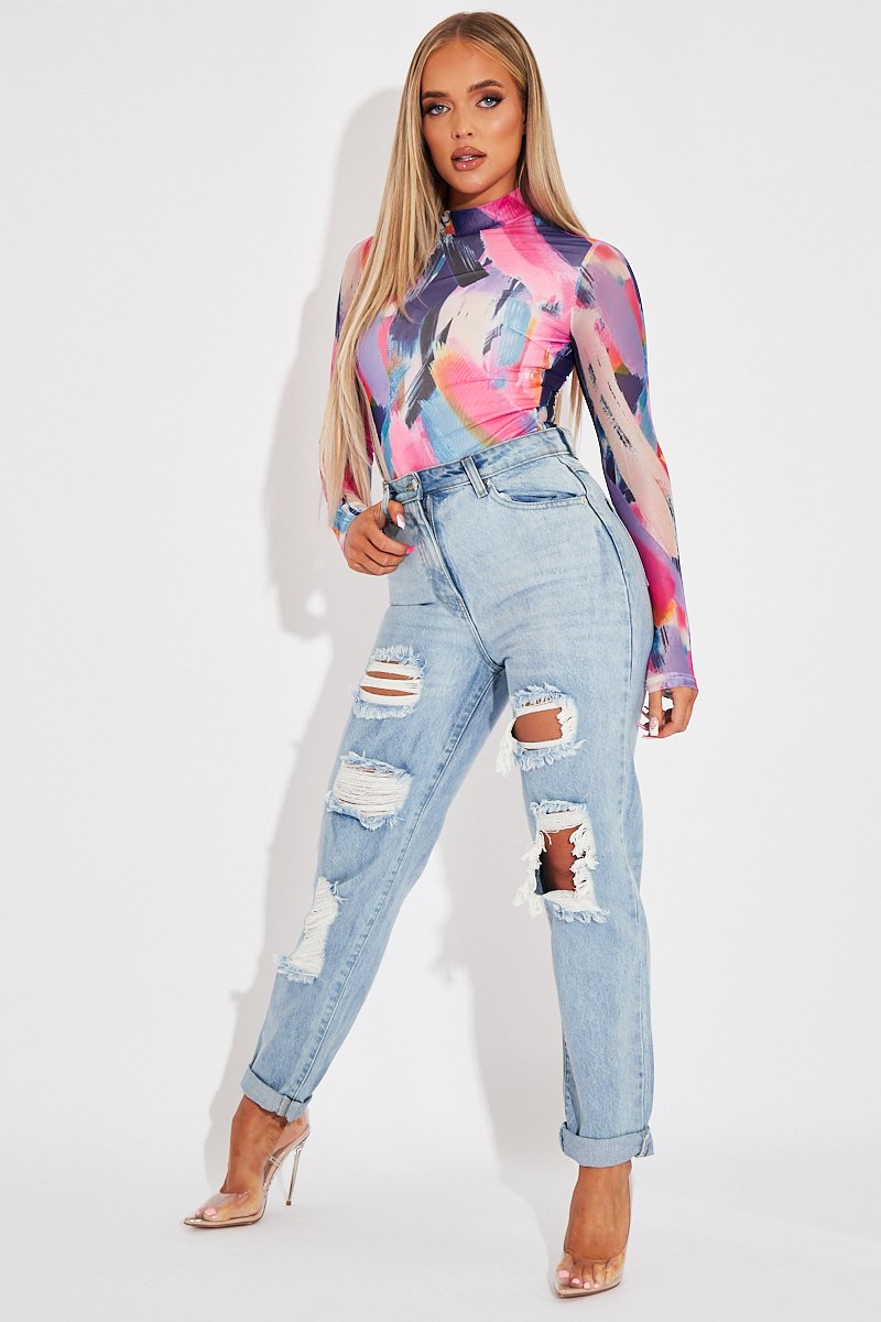 Blue Extremely Ripped Denim Mom Jeans - Ellynor-Jeans