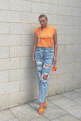 Blue Extremely Ripped Denim Mom Jeans - Ellynor-Jeans