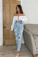Blue Extremely Ripped Denim Mom Jeans - Ellynor-Jeans
