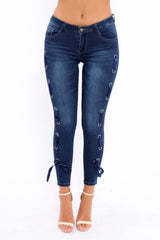 Blue Eyelet Lace Detail Skinny Jeans - Isobel-Jeans