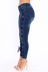 Blue Eyelet Lace Detail Skinny Jeans - Isobel-Jeans