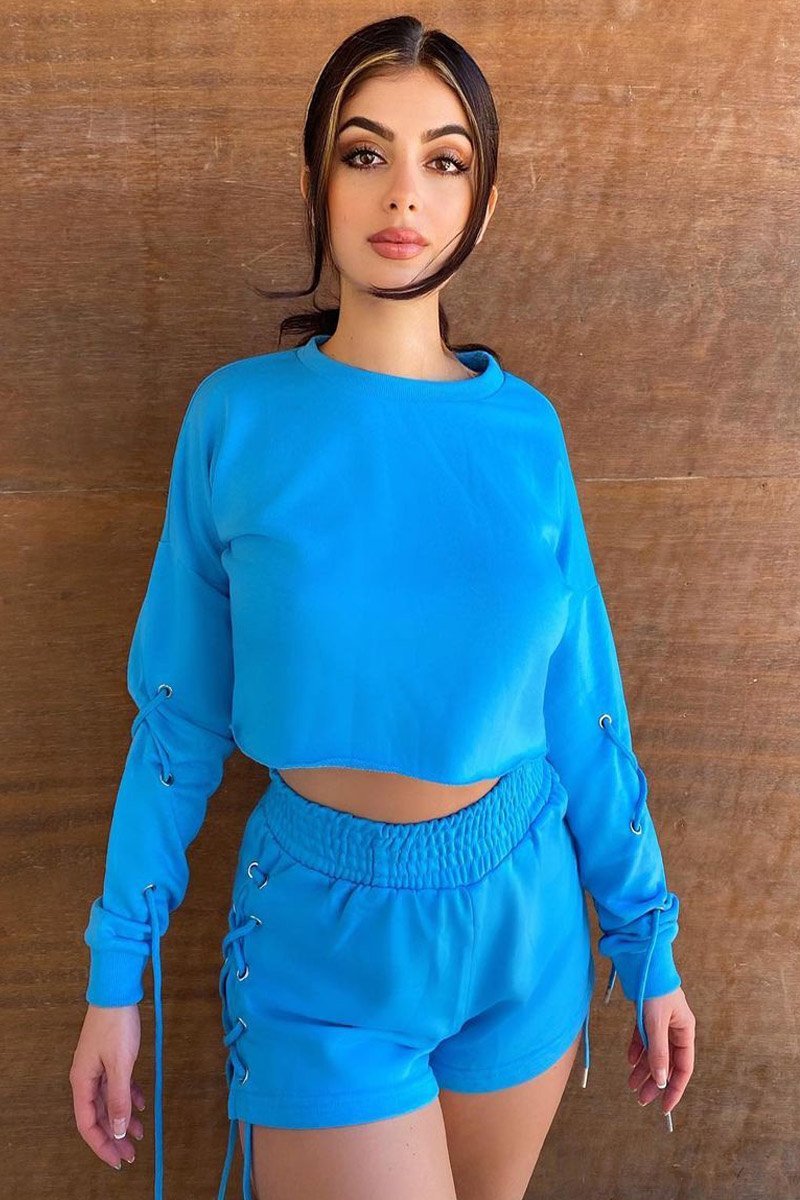 Blue Eyelet Lace Up Cropped Sweatshirt - Ramaya-Sweatshirts