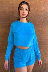 Blue Eyelet Lace Up Cropped Sweatshirt - Ramaya-Sweatshirts