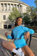 Blue Eyelet Lace Up Cropped Sweatshirt - Ramaya-Sweatshirts