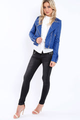 Blue Faux Leather Biker Jacket - Colleen-Jackets