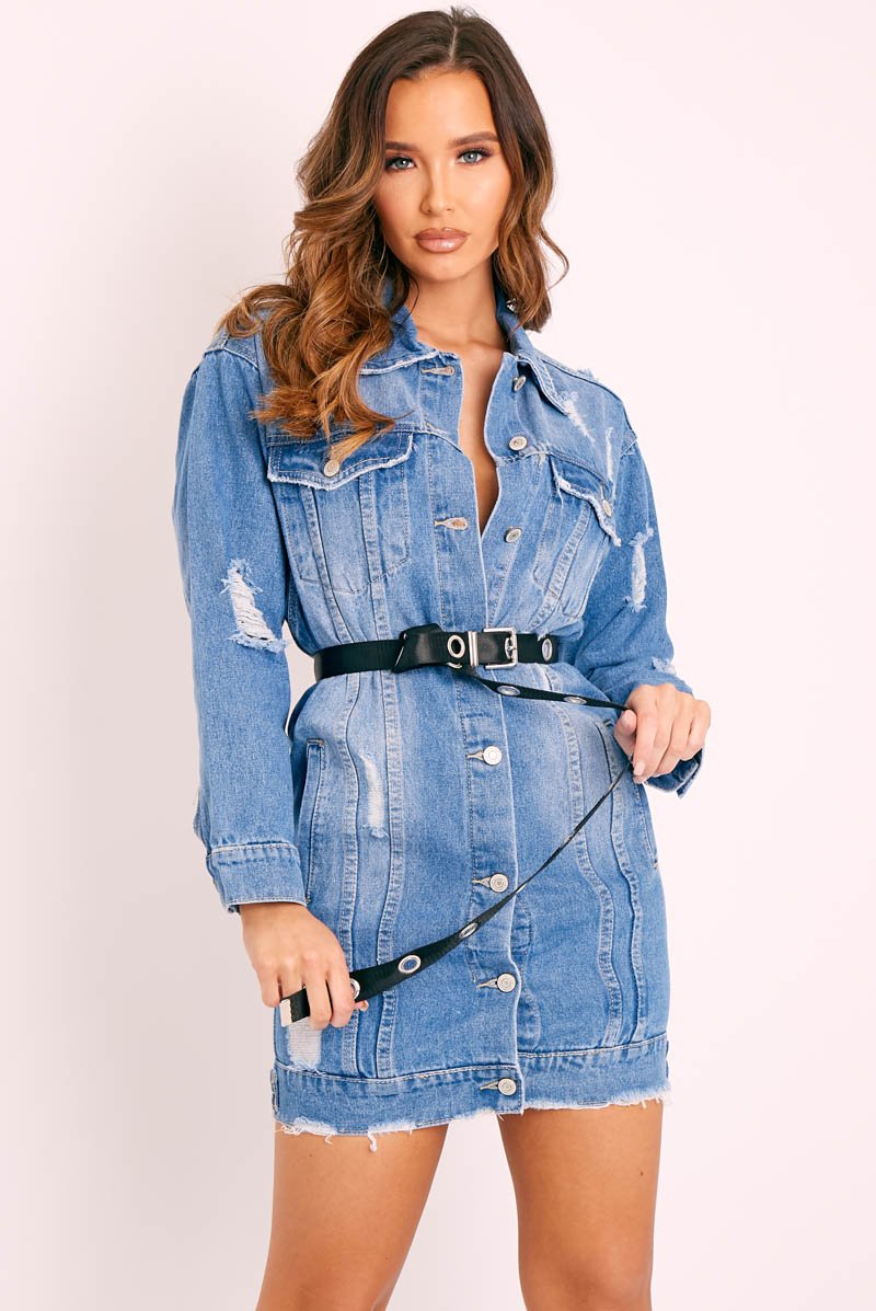 Blue Fitted Mini Denim Shirt Dress - Emiah-Dresses