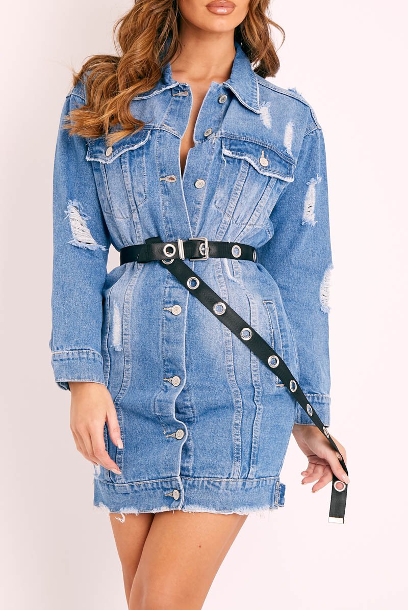 Blue Fitted Mini Denim Shirt Dress - Emiah-Dresses