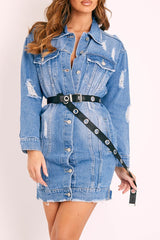 Blue Fitted Mini Denim Shirt Dress - Emiah-Dresses