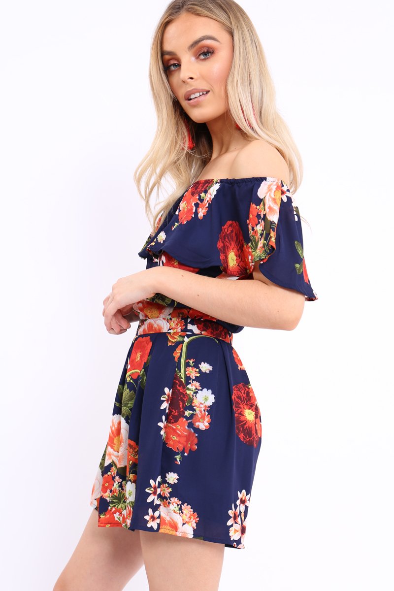 Blue Floral Bardot Playsuit with Frill Detail - Raine-Playsuits