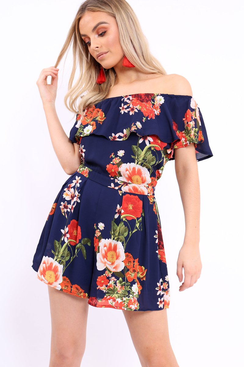 Blue Floral Bardot Playsuit with Frill Detail - Raine-Playsuits