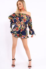 Blue Floral Bardot Playsuit with Frill Hem and Cuffs - Farhanna-Playsuits