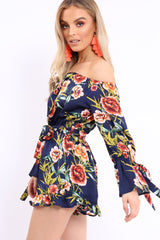 Blue Floral Bardot Playsuit with Frill Hem and Cuffs - Farhanna-Playsuits
