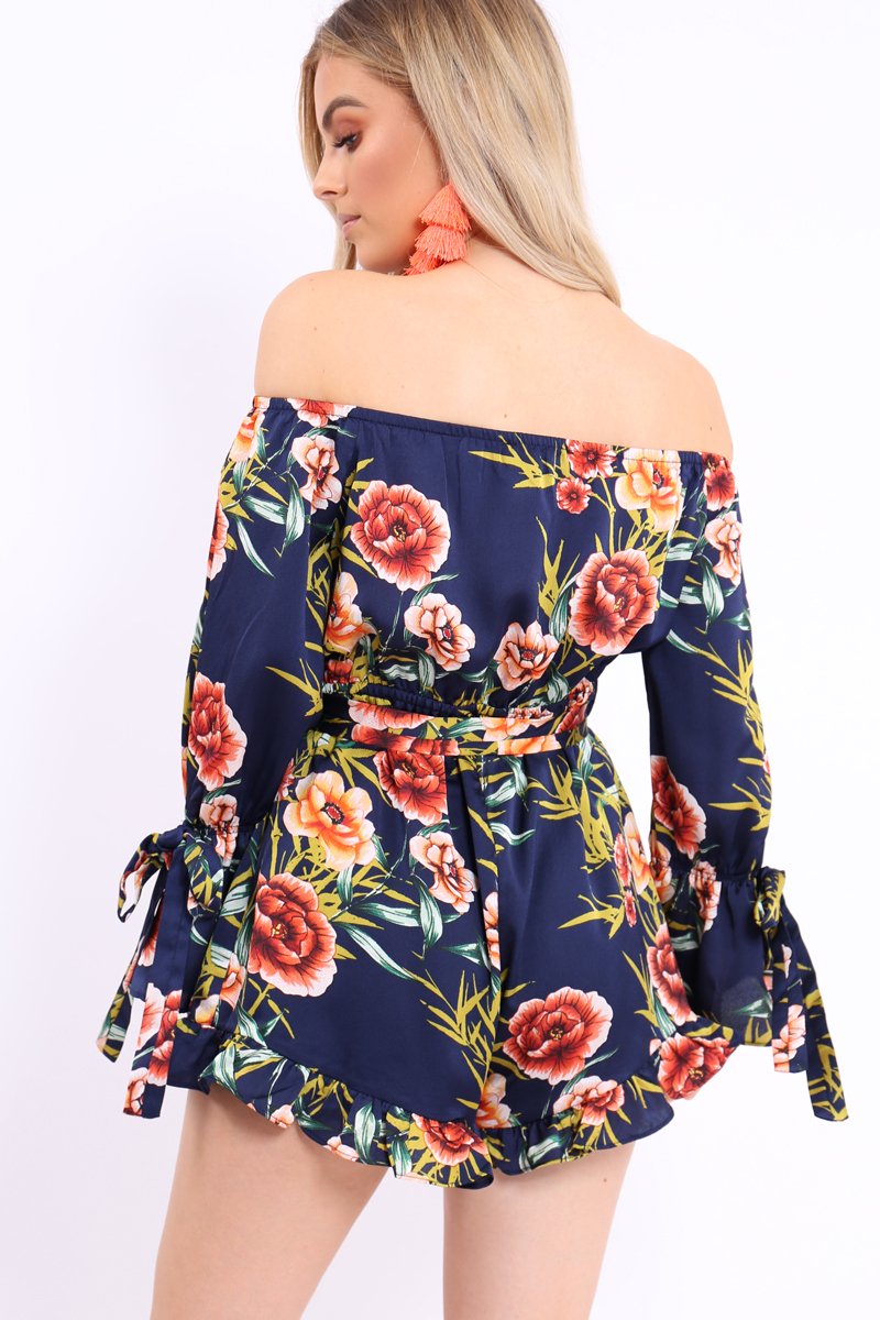 Blue Floral Bardot Playsuit with Frill Hem and Cuffs - Farhanna-Playsuits