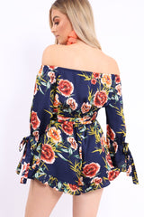 Blue Floral Bardot Playsuit with Frill Hem and Cuffs - Farhanna-Playsuits