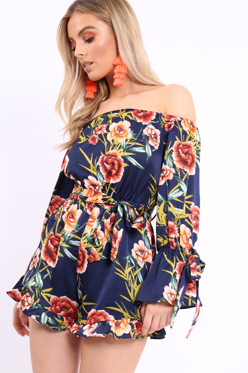 Blue Floral Bardot Playsuit with Frill Hem and Cuffs - Farhanna-Playsuits