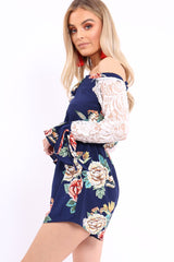 Blue Floral Bardot Playsuit with Lace Sleeves - Caroline-Playsuits