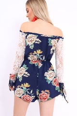 Blue Floral Bardot Playsuit with Lace Sleeves - Caroline-Playsuits