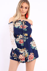 Blue Floral Bardot Playsuit with Lace Sleeves - Caroline-Playsuits