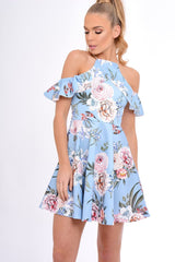 Blue Floral Cold Shoulder Skater Dress - Zoey-Dresses