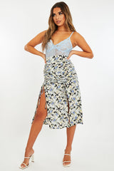 Blue Floral Front Ruched Midi Skirt - Esmie-Skirts