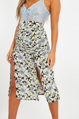 Blue Floral Front Ruched Midi Skirt - Esmie-Skirts