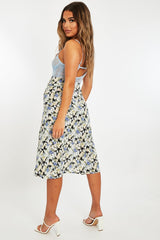 Blue Floral Front Ruched Midi Skirt - Esmie-Skirts