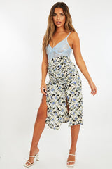 Blue Floral Front Ruched Midi Skirt - Esmie-Skirts