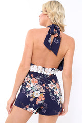 Blue Floral Halter Neck Playsuit - Vanessa-Playsuits