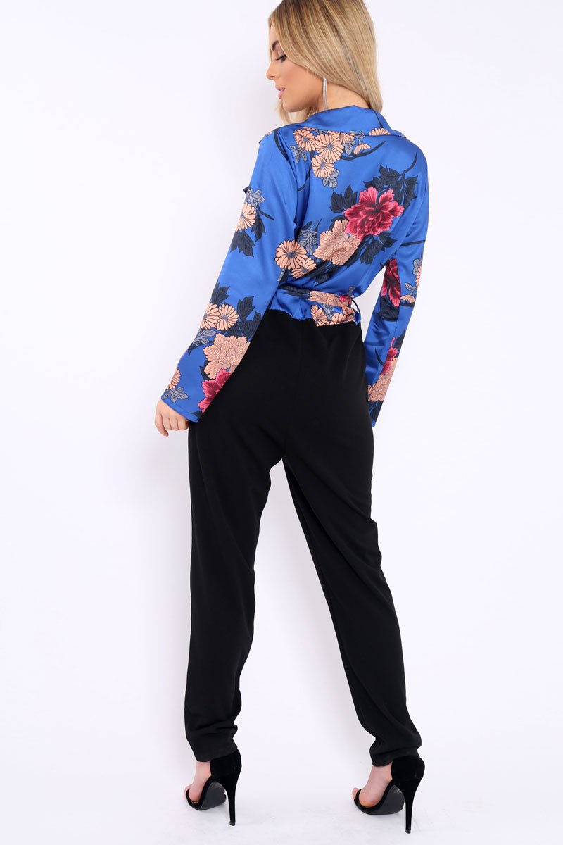 Blue Floral Plunge Satin Wrap Front Jumpsuit - Talulah-Jumpsuits
