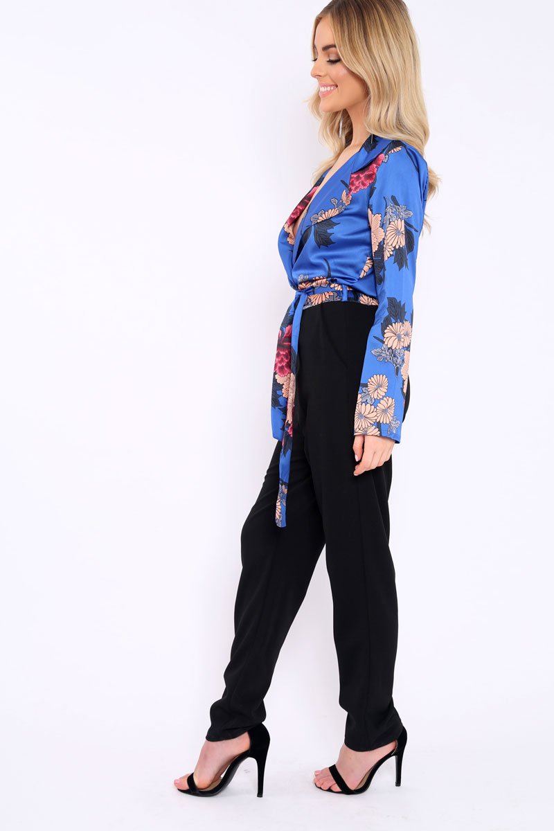 Blue Floral Plunge Satin Wrap Front Jumpsuit - Talulah-Jumpsuits