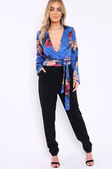 Blue Floral Plunge Satin Wrap Front Jumpsuit - Talulah-Jumpsuits