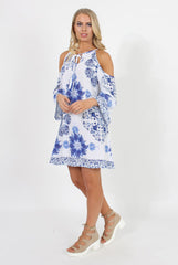 Blue Floral Print Cold Shoulder Dress - Penelope-Dresses