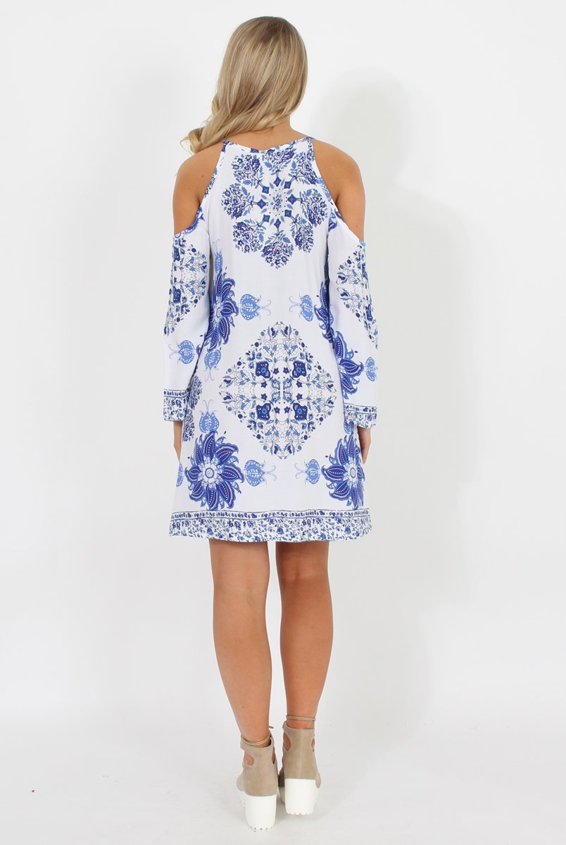 Blue Floral Print Cold Shoulder Dress - Penelope-Dresses