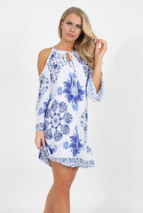 Blue Floral Print Cold Shoulder Dress - Penelope-Dresses