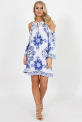 Blue Floral Print Cold Shoulder Dress - Penelope-Dresses